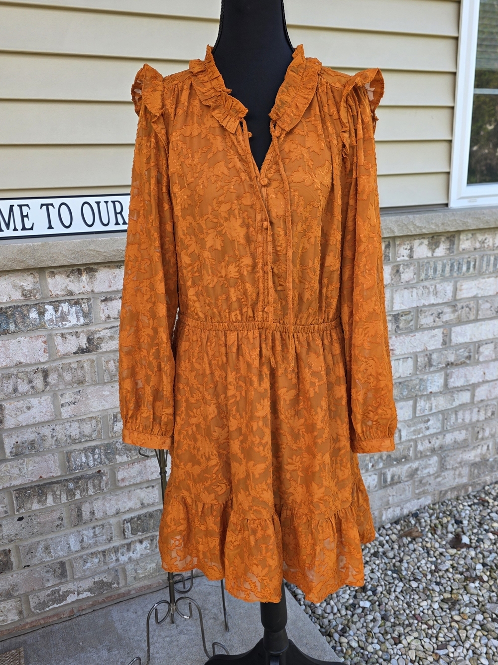 LC Lauren Conrad Orange Floral Long Sleeve Ruffle Dress
